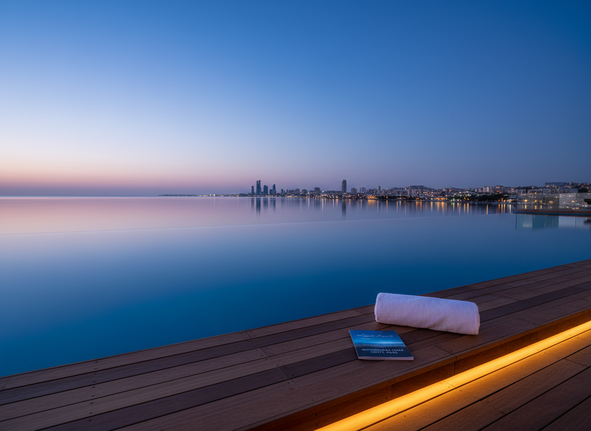 A panoramic view from an infinity pool edge overlooking a distant coastal city at dusk, with the water’s surface glass-smooth and tinted a deep sapphire, perfectly mirroring the understated glow of the skyline. In the near foreground, a polished teak deck holds a single, folded white linen towel and a slim, closed travel guide with metallic lettering. Subtle recessed lighting beneath the deck casts a gentle, warm halo onto the wood grain. Shot in photographic realism from a low angle at pool height, using a wide-angle composition that emphasizes the horizon line and expansive sky transitioning from deep blue to soft lavender. The mood is sophisticated, tranquil, and aspirational, evoking curated international escapes and exclusive community-recommended stays.