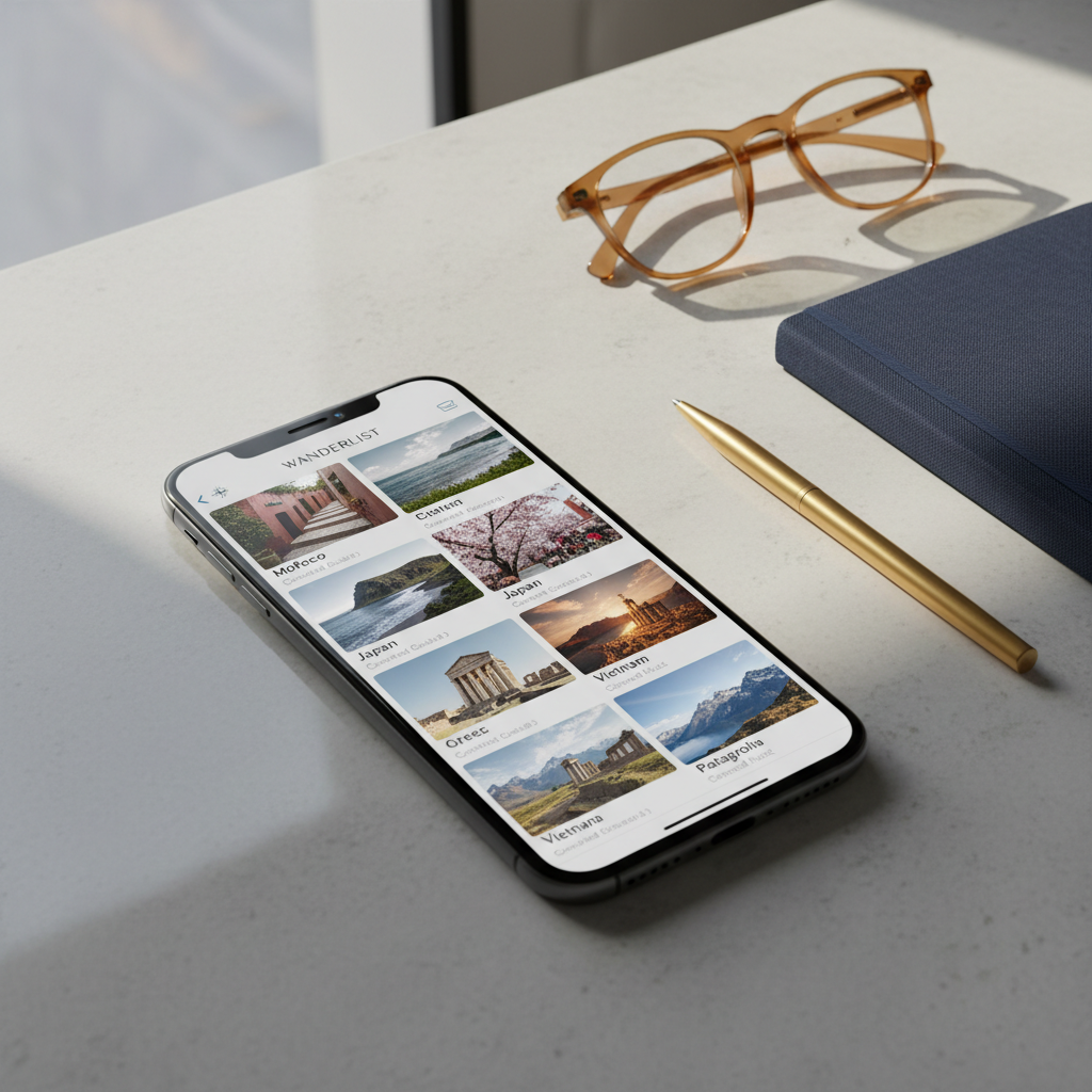 A sleek smartphone with an ultra-thin bezel displaying a beautifully designed travel community app interface, showing a grid of tastefully photographed destinations with elegant typography and muted color filters. The phone rests on a pale stone countertop alongside a pair of translucent acetate eyeglasses, a slim navy-blue notebook with linen cover, and a single brass pen. Subtle reflections soften the stone’s polished texture. Gentle morning light falls diagonally across the scene from a nearby unseen window, creating refined, elongated shadows and highlighting edges. Captured in photographic realism from a three-quarter, slightly elevated angle with shallow depth of field, keeping the screen perfectly sharp. The mood is modern, connected, and intelligent, emphasizing digital discovery of curated guides and shared travel hacks.