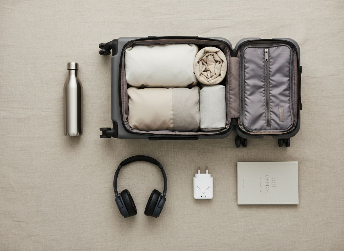 A refined flat lay of a curated carry-on setup arranged on a muted sand-colored linen backdrop: a hard-shell, matte graphite suitcase half-zipped to reveal neatly rolled neutral-toned clothing cubes, a slim titanium water bottle, noise-canceling over-ear headphones in a dark slate finish, and a compact travel adapter with clean geometric lines. A minimalist travel guidebook titled “Out of Office” lies nearby with a subtle embossed cover. Soft, diffused overcast light from above eliminates harsh shadows, creating gentle gradients on each object. Photographic realism with a calm, editorial look, shot from a perfectly overhead, bird’s-eye perspective with precise spacing between items. The mood is organized, serene, and premium, emphasizing intelligent travel hacks and elevated packing strategies.
