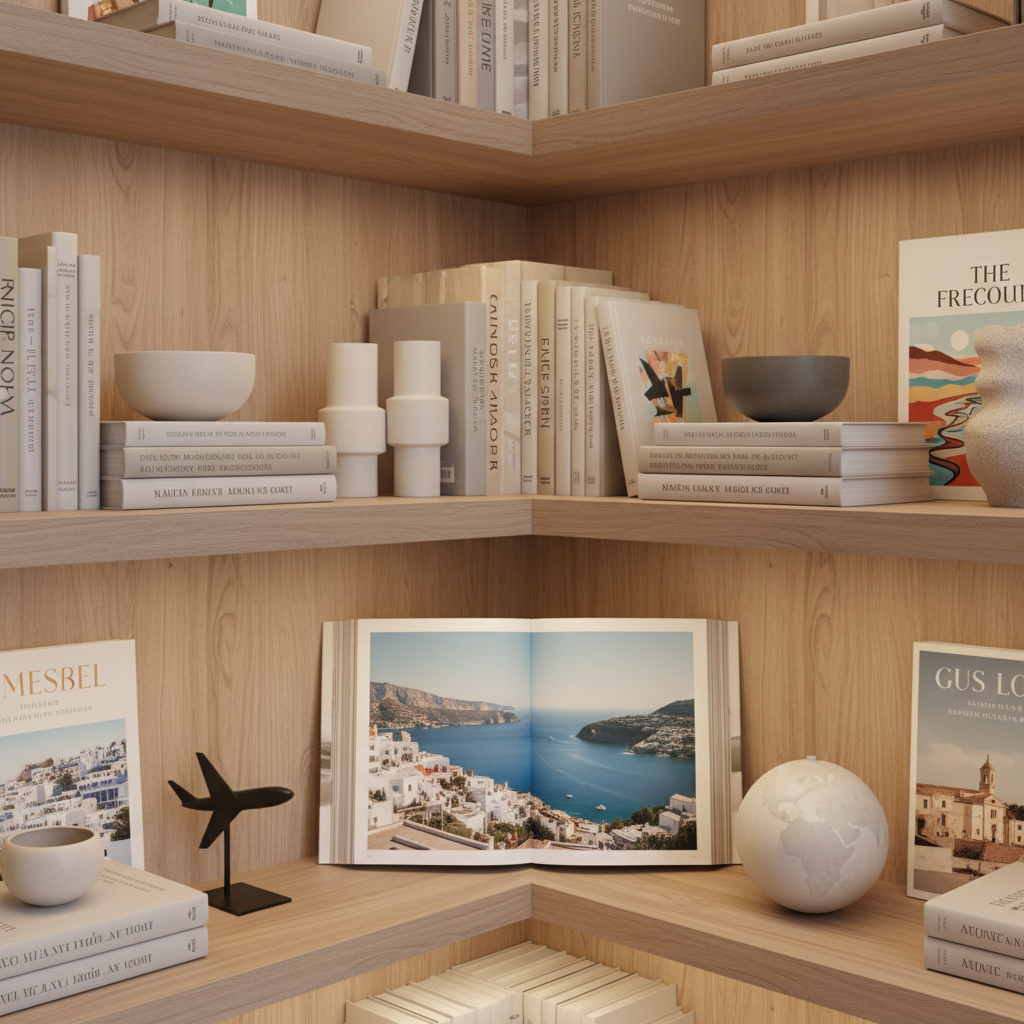 A sophisticated bookshelf corner featuring a curated collection of neutral-toned travel books and magazines arranged by height, interspersed with minimalist ceramic objects in soft greys and off-whites. A thin black metal bookend in the shape of a tiny airplane silhouette anchors one row. On a lower shelf, an open spread of a destination guide reveals a full-bleed photograph of a coastal city, while a subtle, matte-finished globe bookend holds it in place. Warm, indirect ambient lighting from a concealed LED strip above casts a delicate, even glow across the spines and textures. Photographic realism with an eye-level, slightly angled composition that creates depth along the shelves. The mood is intellectual, refined, and quietly adventurous, suggesting thoughtful research and curated inspiration.
