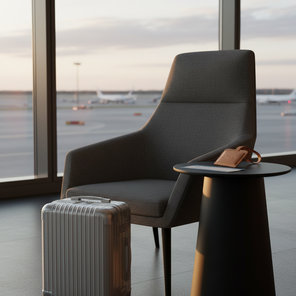 A modern airport lounge vignette without people: a low, charcoal wool armchair with precise tailoring sits beside a slim, matte-black side table holding a single, embossed leather luggage tag and a neatly folded boarding pass. At the base of the chair, a compact, brushed aluminum carry-on stands upright, its surface subtly reflecting the ambient surroundings. Floor-to-ceiling windows in the background reveal a softly blurred runway and distant aircraft silhouettes at sunset. Golden hour light floods the scene, creating warm highlights on metal edges and a soft halo on the luggage. Photographic realism from a slightly low, three-quarter angle, emphasizing the geometry of the furniture. The mood is calm, exclusive, and anticipatory, ideal for portraying premium, out-of-office travel moments.